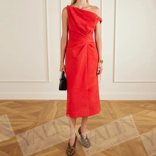 Pleat Backless Straight Evening Dress | One-Shoulder Sleeveless Tea-Length Prom Gown Luxegan