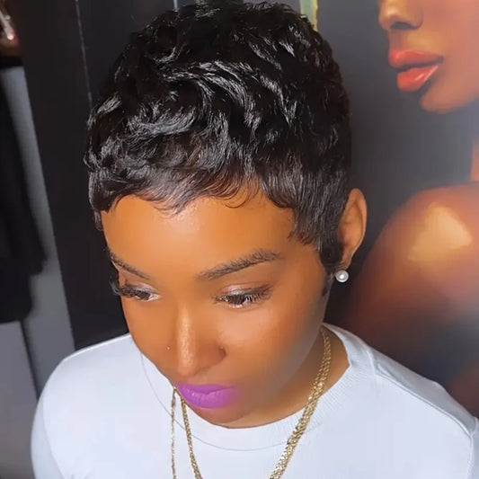 Short Pixie Cut Human Hair Wig | Fully Machine-Made Glueless Brazilian Remy Human Hair Wig | Textured Wavy Pixie Wig in #350 Copper, 99J Burgundy, #30 Honey Brown, and Classic Black for Women Luxegan