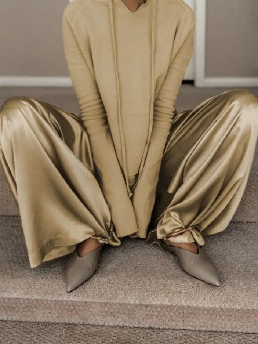 High Waist Wide Leg Pants & Hooded Sweatshirt Set | Sophisticated Loose Fit Casual Two-Piece | Elegant "Full Length" Urban Ensemble | "Dignified" Cotton-Polyester Blend for Radiant Versatile Styling