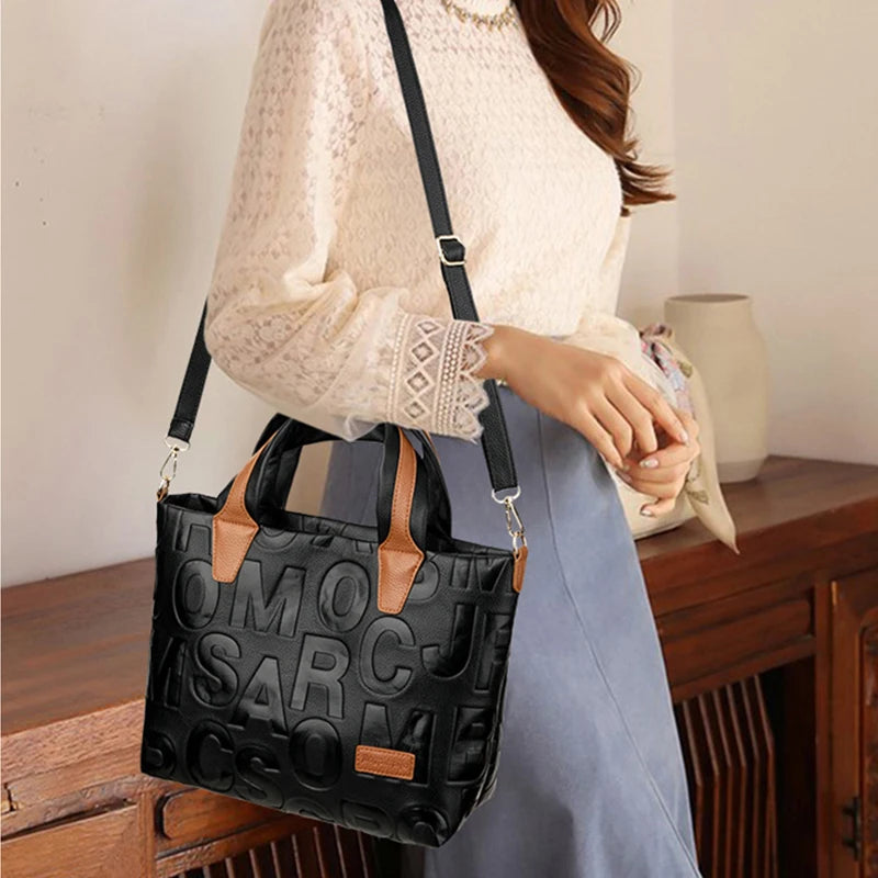 New Women's Fashion Solid Color Shoulder Large Capacity PU Leather Letter Embossed Ladies Handbags Designer Crossbody Bag