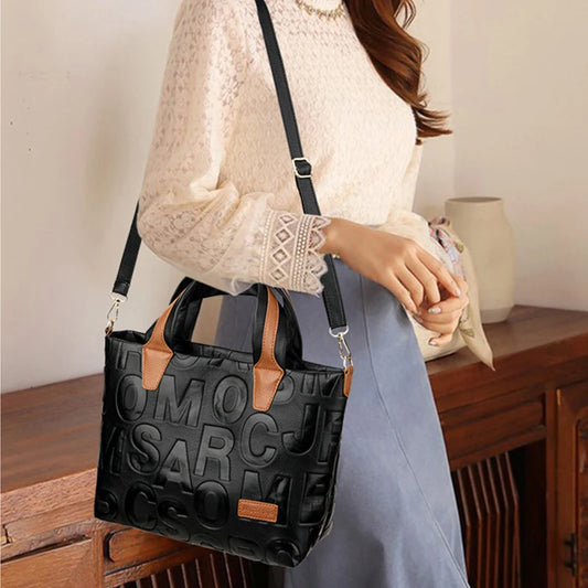 New Women's Fashion Solid Color Shoulder Large Capacity PU Leather Letter Embossed Ladies Handbags Designer Crossbody Bag