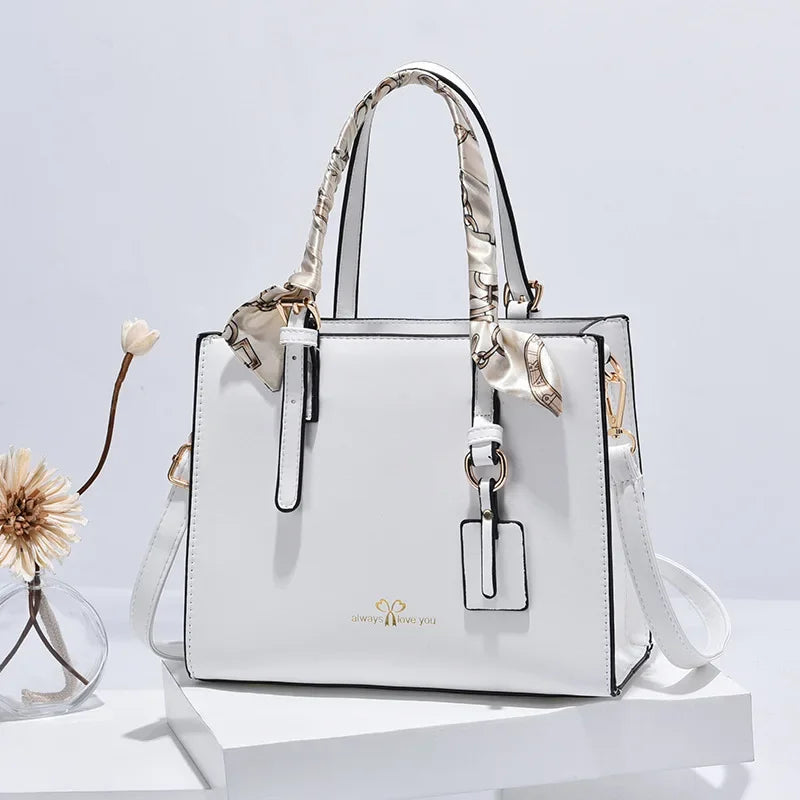 New Elegant Ladies’ Shoulder Messenger Bag | Sophisticated Simple PU Leather Square Bag | Fashion-Forward Large Capacity Handbag with Silk Scarf Decoration | Professional High-Street Casual Tote Luxegan
