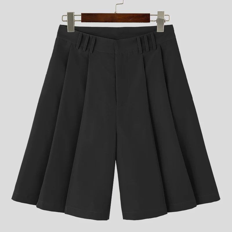 Solid Color Pleated Summer Shorts | Sophisticated Mid-Waist Loose Silhouette | Elegant "Knee-Length" Korean Style Streetwear | "Dignified" Zipper Fly Bottoms for Radiant Versatile Styling Luxegan