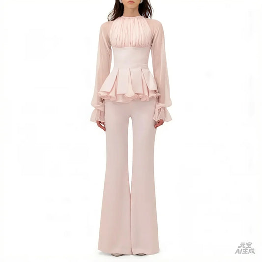 Vestido de Noche Personalizado Rosa Claro Elegante Traje de Pantalón Mangas Largas Transparentes Vestido de Fiesta de Boda Plisado Fruncido Formal de Gala