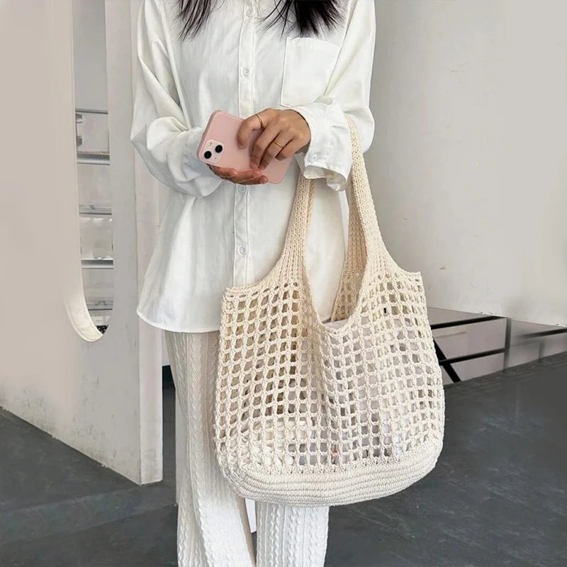 Knitted Hollow Crochet Tote | Soft Large Capacity Underarm Bag Luxegan