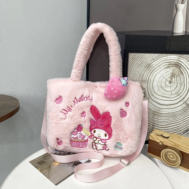 Kawaii Hello Kitty Plush Shoulder Bag | My Melody Cinnamoroll Kuromi Cute Cartoon Anime Handbag (Soft Storage Bag for Women & Girls) Luxegan