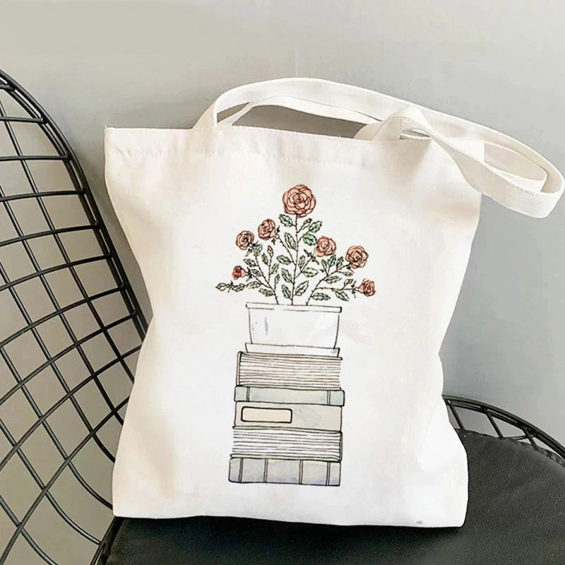 Flowery Books Printed Canvas Tote Bag | Retro Large Capacity Eco-friendly Shopping Bag | Unisex Student Schoolbag Shoulder Bag Luxegan
