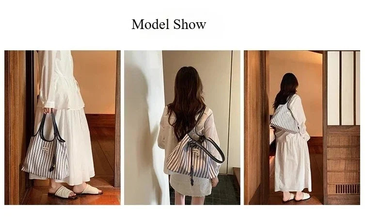 Texture Women's Tote Bag Contrast Color Stripe Shoulder Bags Woman Large Capacity Female Daily Commuting Underarm Packs Handbags