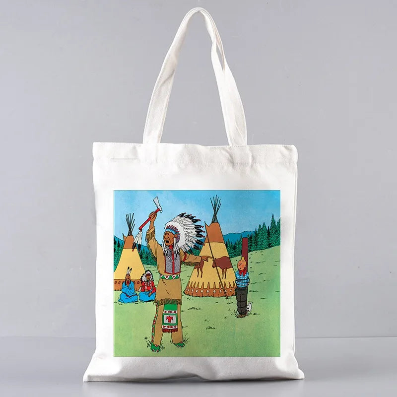 Soft Tintin Cartoon Canvas Large Capacity Tote | Open-Top Shopping Bag Luxegan