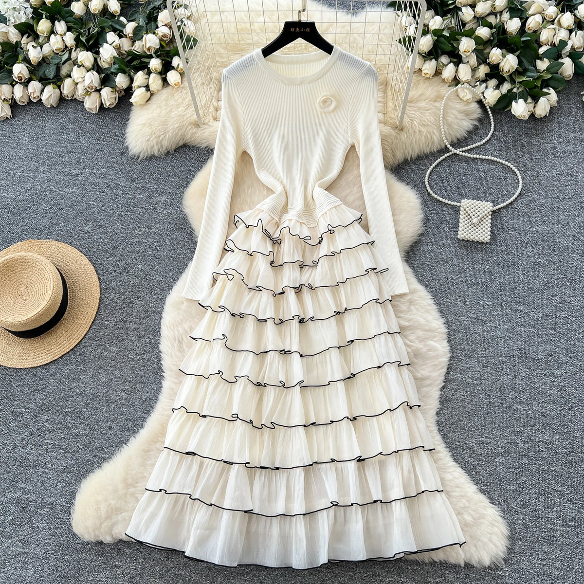 Floral O-Neck Full-Length Sleeve Tiered Slim Fit A-Line Ankle-Length Dress – Knitted Polyester, Natural Waist, Autumn/Winter Luxegan