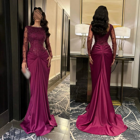 Luxury Formal Glitter Evening Dress | Full-Sleeve Satin Mermaid Gown | Elegant O-Neck Pleated Floor-Length Bespoke Occasion Dress Luxegan