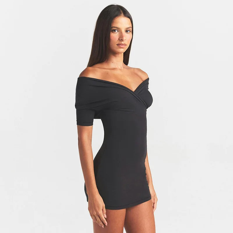 Solid V-Neck Short Sleeve Slim Sheath Mini Dress – Knit Polyester, Empire Waist, Summer Luxegan