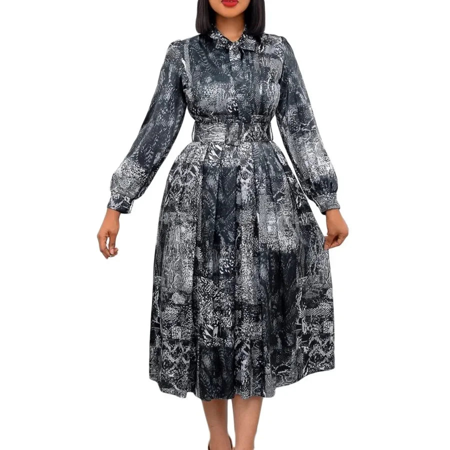 Elegant Vintage Dresses for Women Bow Collar Full Sleeve Belt Waisted A Line Mid Calf Birthday Party Dinner Vestidos Mujer Dress