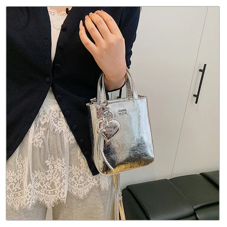 New Trend Korean Silver PU Leather Shoulder Bag | High Quality Mini Vertical Square Crossbody Purse for Women Luxegan