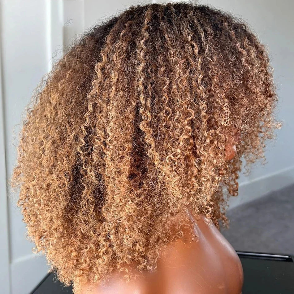 Blonde Afro Kinky Curly Human Hair Bob Wig with Bangs - Full Machine-Made Glueless Short Bob Wig - 100% Brazilian Remy Human Hair Honey Ombre Blonde Fringe Wig for Women Luxegan