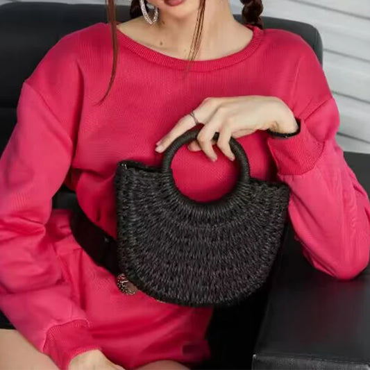 Half-Round Rattan Beach Bag | Women Large Capacity Handle Bag & Bohemian Shoulder Bag Luxegan