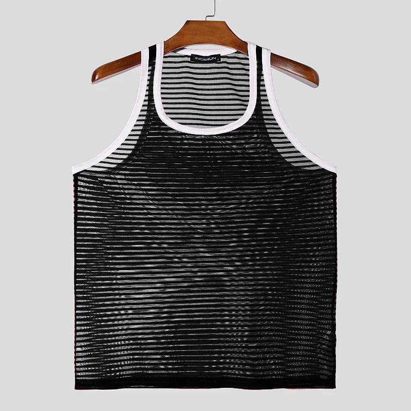 Camisetas informales de moda INCERUN nuevas camisetas sin mangas a rayas transparentes y sexys para hombre, chalecos finos ajustados para discoteca masculina