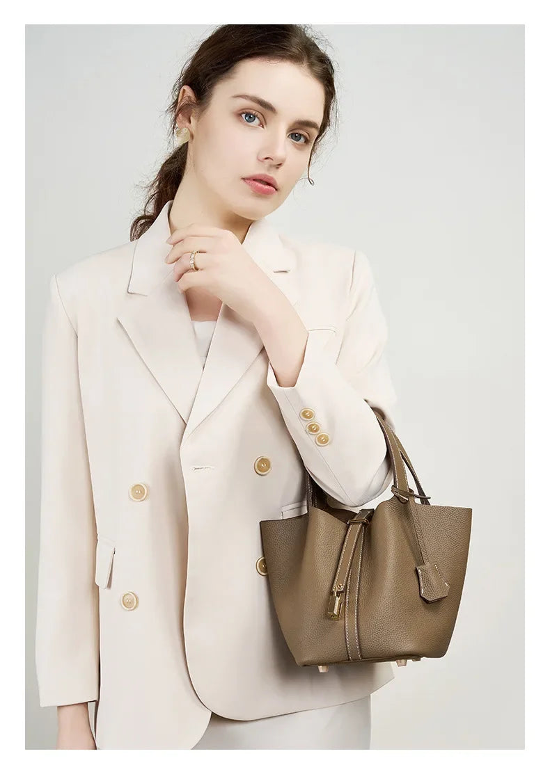 Fashion Women's Mini Genuine Leather Bucket Bag | Soft Litchi Pattern Tote with Lock | Mommy/Bride Wedding Shoulder Handbag Luxegan