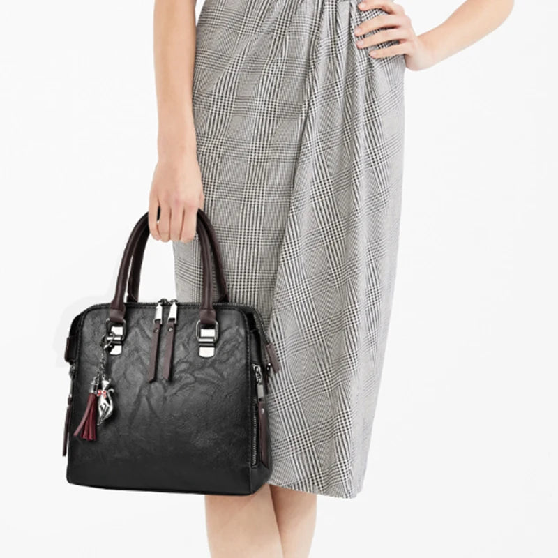 Hard Vintage PU Leather Tote | Tassel Top-handle & Luxury Shoulder Bag Luxegan