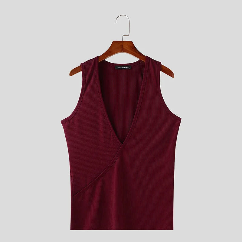 Slanted Collar Texture Deep-V Vest | Sophisticated American Style Diagonal Silhouette | Elegant "Deep-V" Summer Streetwear | "Dignified" Textured Tank Top for Radiant Versatile Styling Luxegan