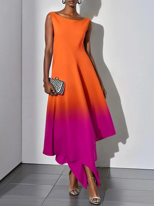 Gradient Color Split-Joint Party Dress | Sophisticated Boat Neck Sleeveless Silhouette | Elegant "Mid-Calf" A-Line Gown | "Dignified" Office Lady Pleated Design for Radiant Versatile Styling Luxegan