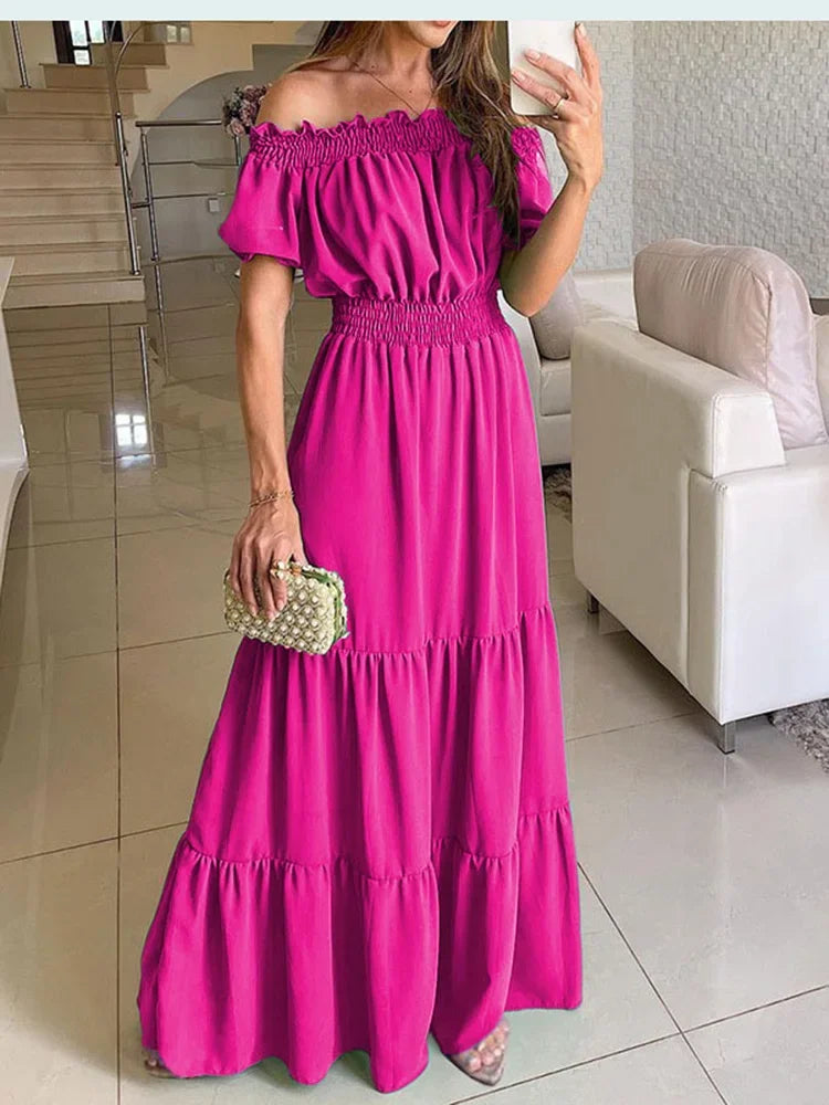 Solid Bohemian Slash Neck Short Sleeve Loose A-Line Ankle-Length Dress – Slight-Stretch Polyester-Elastane Blend, Natural Waist, Summer Luxegan