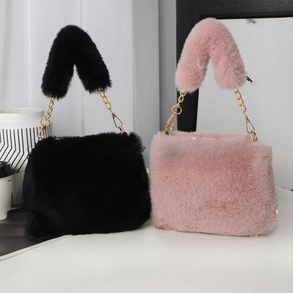 Fashion Women's Fluffy Shoulder Bag | Female Winter Chain Underarm Bag & Soft Plush Handle Handbag (Solid Color) Luxegan