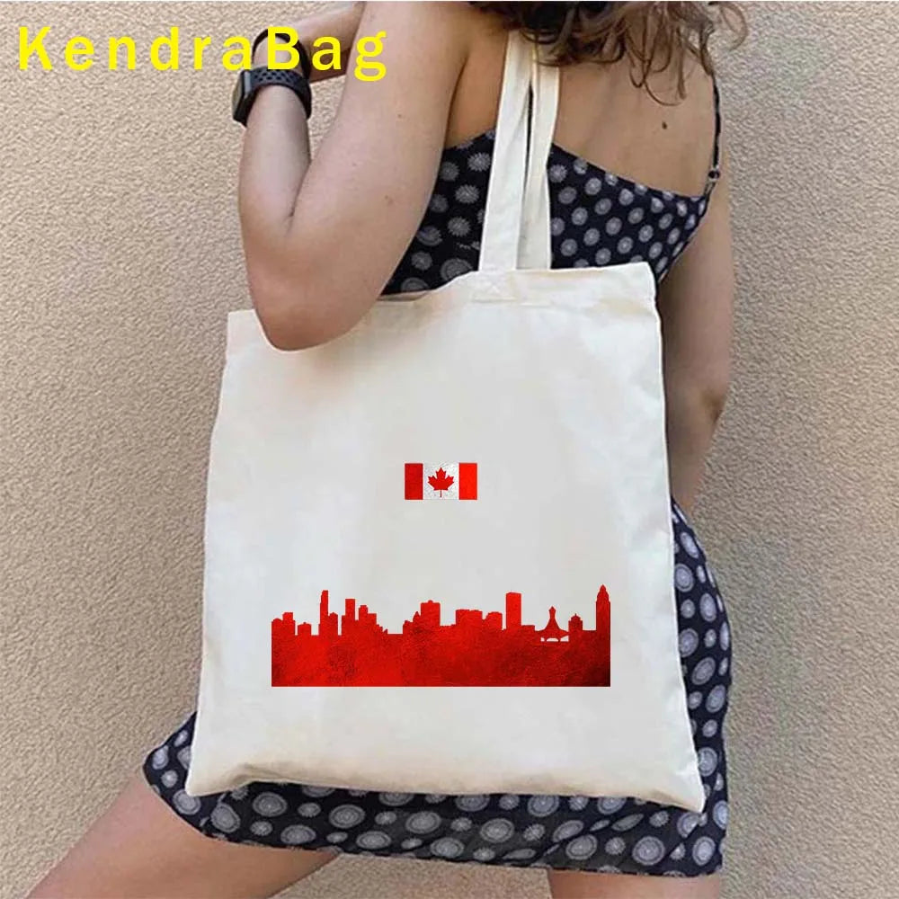 Canadian City Landscape Cotton Canvas Tote Bag | Happy Canada Day Tourist Gift | Reusable Eco-Friendly Shoulder Handbag (Women) Luxegan