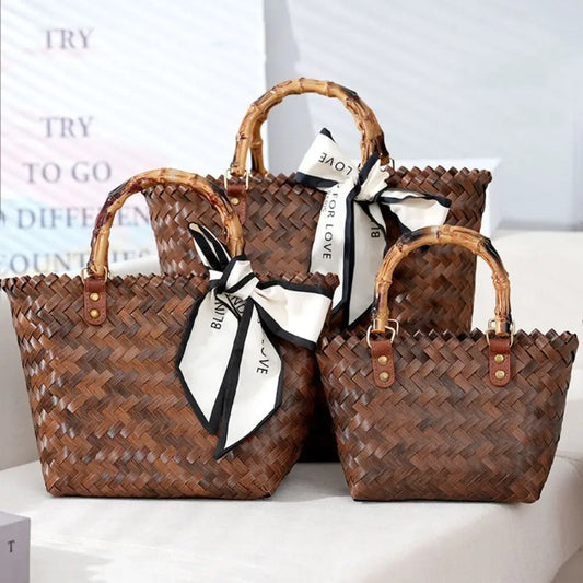 Women's Woven Large Capacity Bamboo Handle Handbags | Crochet Bag & Casual Female Shopping Tote (Vacation Beach Bag) Luxegan