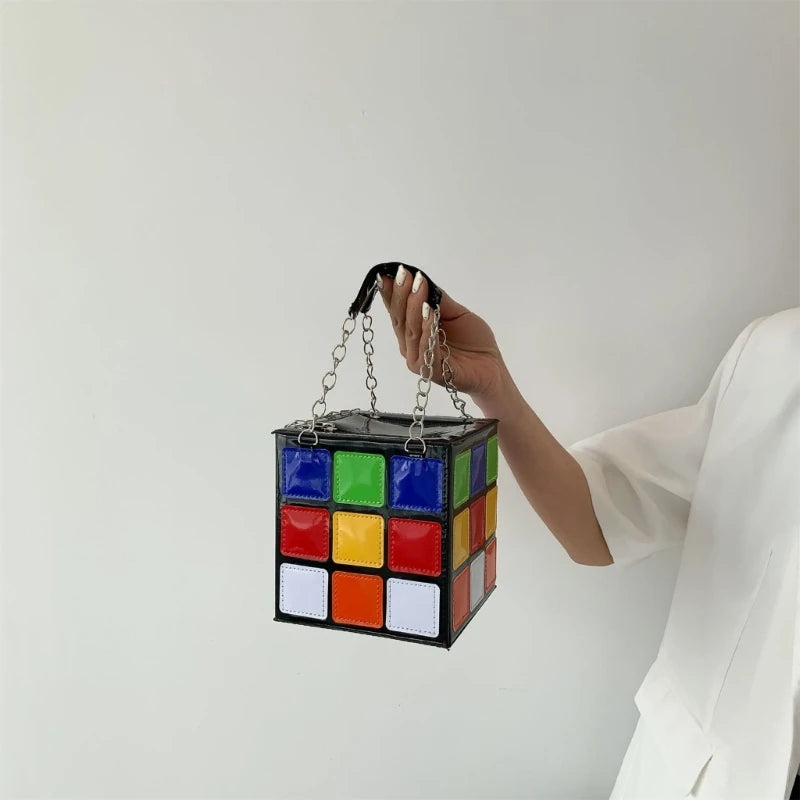 Women’s Geometric Cube Handbag | Colorful Square Box Shaped Clutch Bag | Minimalist Microfiber Synthetic Leather Evening Purse & Top-Handle Bag Luxegan