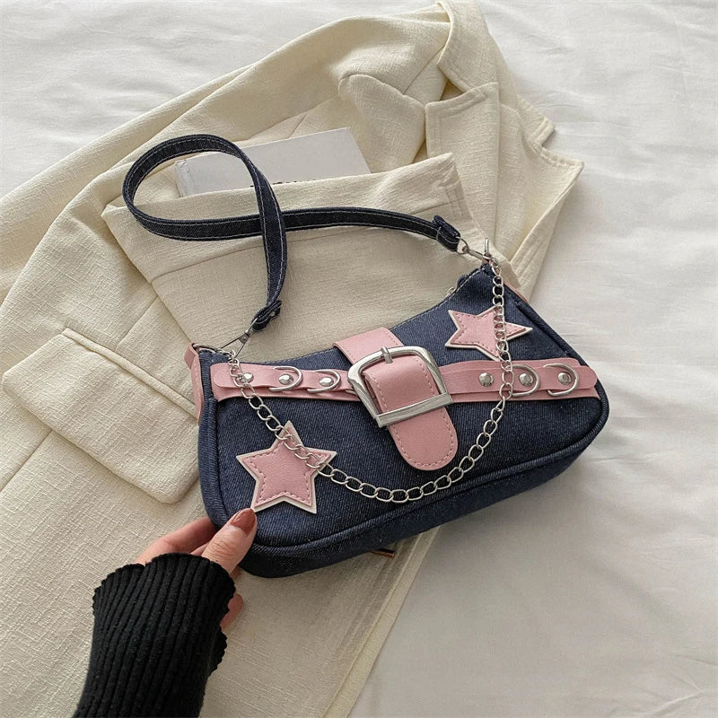 Fashion Women's Handbags Denim Stars Pattern | Cool Girls Underarm Bag Female Small Shoulder Hobo Bags Chain Tote Bag Luxegan