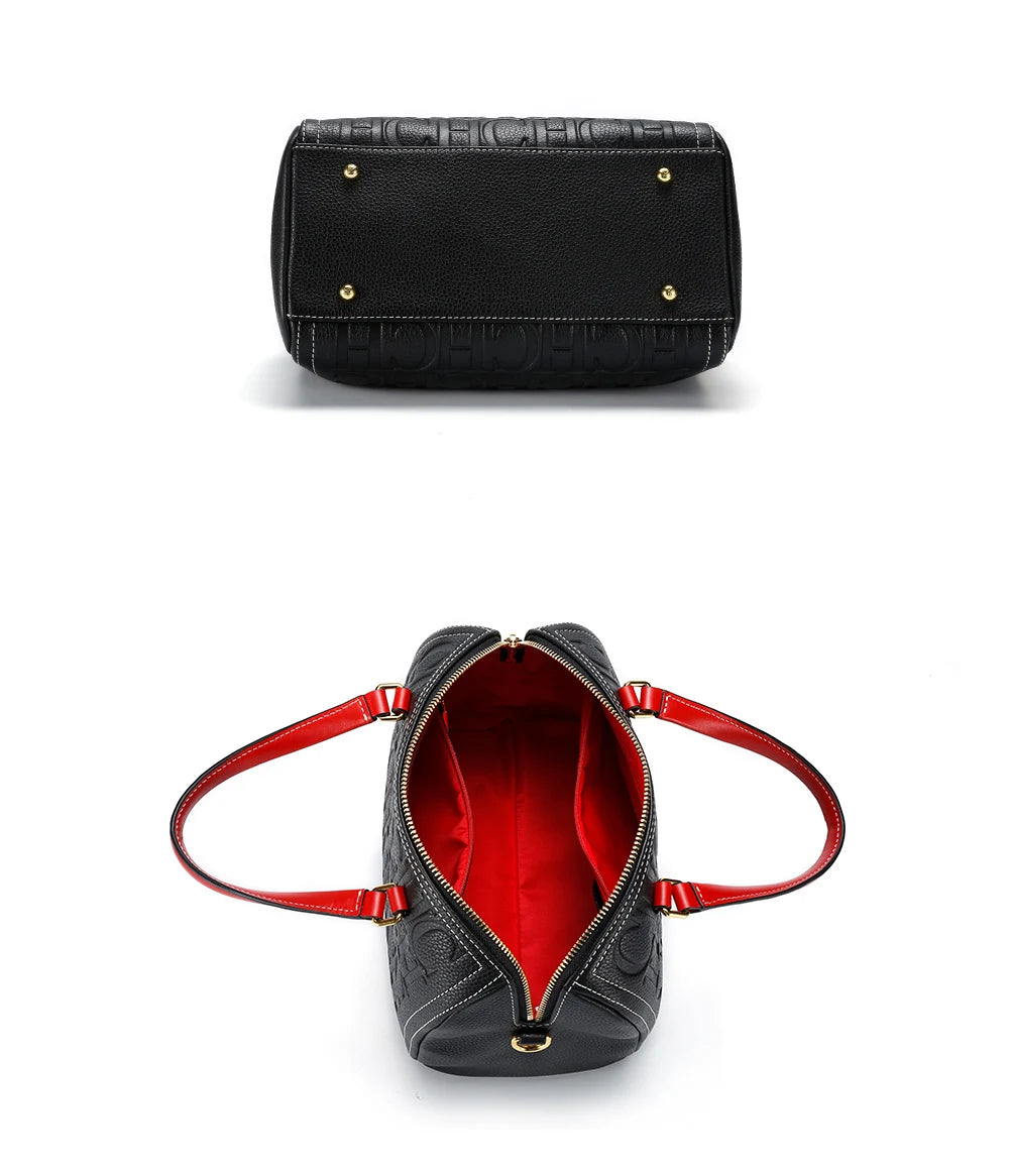 New Cow Leather Letter Embossed Tote | Soft Zipper Messenger Bag Luxegan