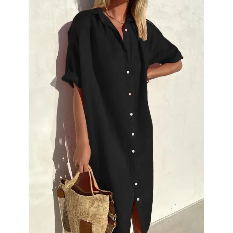 Women's Solid Short-Sleeve Summer Shirt Dress | Single-Breasted Button-Down Cardigan Maxi | Loose-Fit A-Line Mid-Calf Casual Vacation Skirt Luxegan