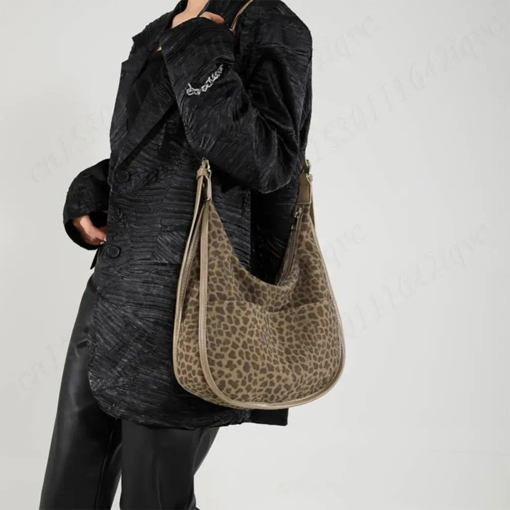 Women’s Leopard Print Faux Suede Crossbody Bag | Large Multi-Pocket Shoulder Tote | Trendy Leopard Pattern Hobo Messenger Bag | Versatile Soft Suede Handbag with Adjustable Strap Luxegan
