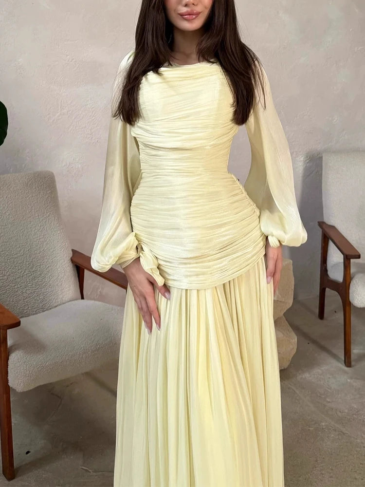 Women's Elegant Draped Solid Long Dress | Casual Commute Waist Party Dress | Elegant O-Neck Full - view 3