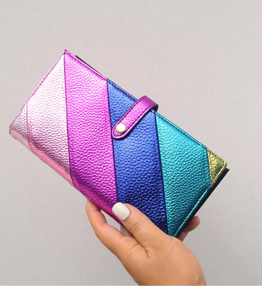 Women’s Fashion Metallic Vegan Leather Wallet | Multicolor Stripe Patchwork Long Purse | Bifold Standard Moneybag with Card Slots & Zipper Coin Pocket Luxegan