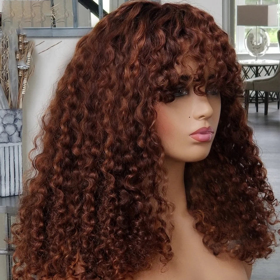 26-Inch Natural Brown Kinky Curly Wig | Sophisticated "Snug Fit" Machine-Made Silhouette | Elegant "High-Temperature Fiber" with Bangs | "Dignified" Glueless Cosplay & Daily Hair for Radiant Versatile Styling Luxegan