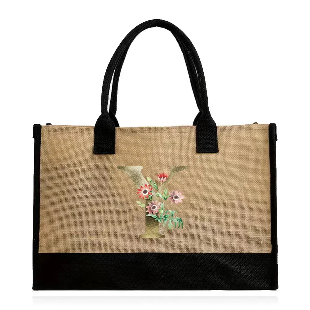 Handmade Jute & Canvas Beach Shopper | Large Capacity Portable Grocery Organizer | Eco-Friendly Woven Women’s Handbag with Golden Flower Pattern Luxegan