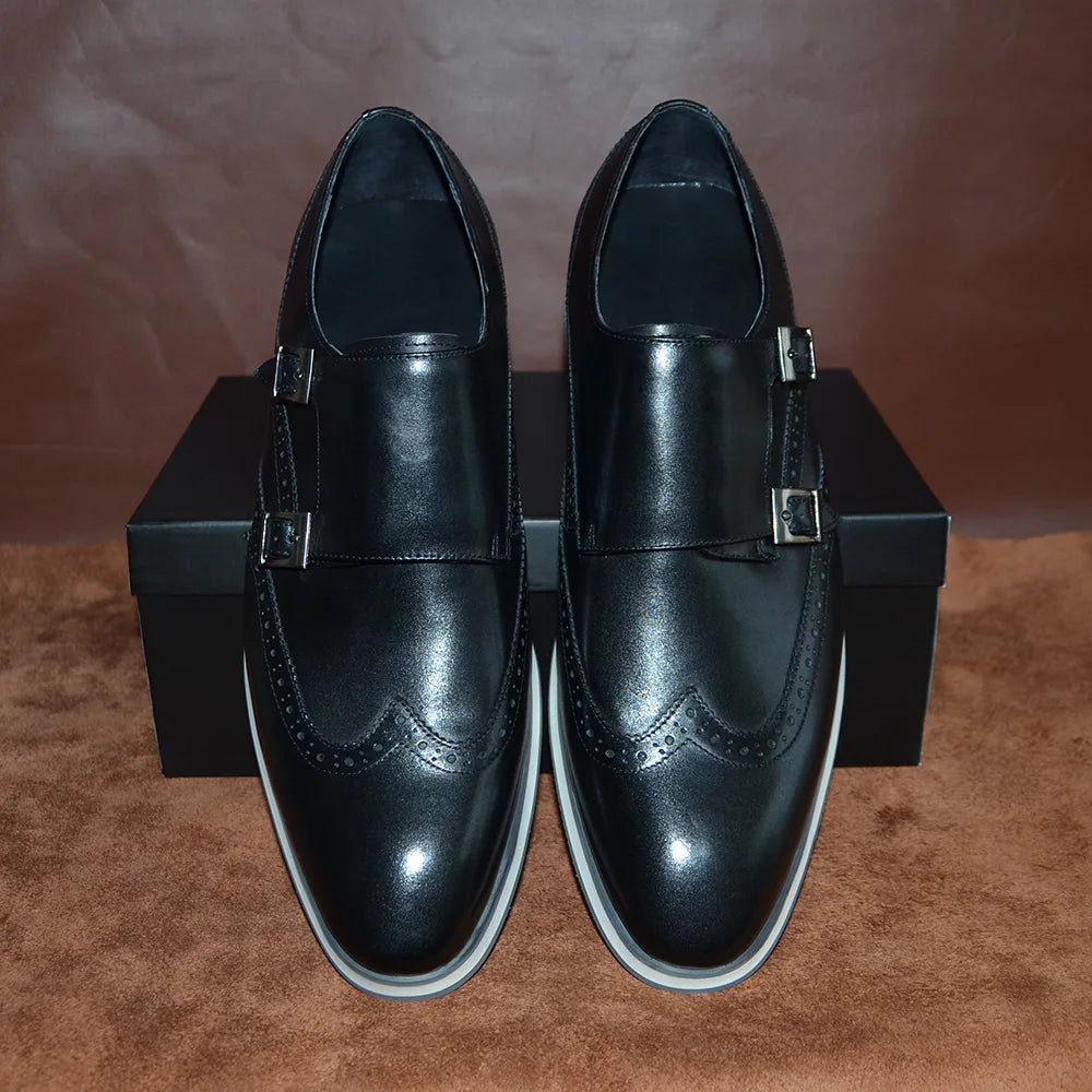 Classic European Luxury Monk Strap Sneakers | Sophisticated Double Buckle Wingtip Brogue | Elegant "Genuine Cow Leather & Suede" Silhouette | "Dignified" Sheepskin Insole & Non-Slip Rubber for Radiant Versatile Styling Luxegan