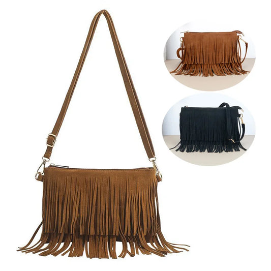 Vintage Tassel Crossbody Bag | Sophisticated Boho Style Fringe Shoulder Bag | Elegant Versatile Women’s Handbag | Luxury Cotton Fabric Square Purse with "Dignified" Artisan Tassel (Model T618) Luxegan