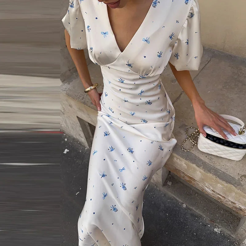 Print V-Neck Short Sleeve Lace Detail Regular Fit A-Line Ankle-Length Dress – Natural Waist, All Season Luxegan