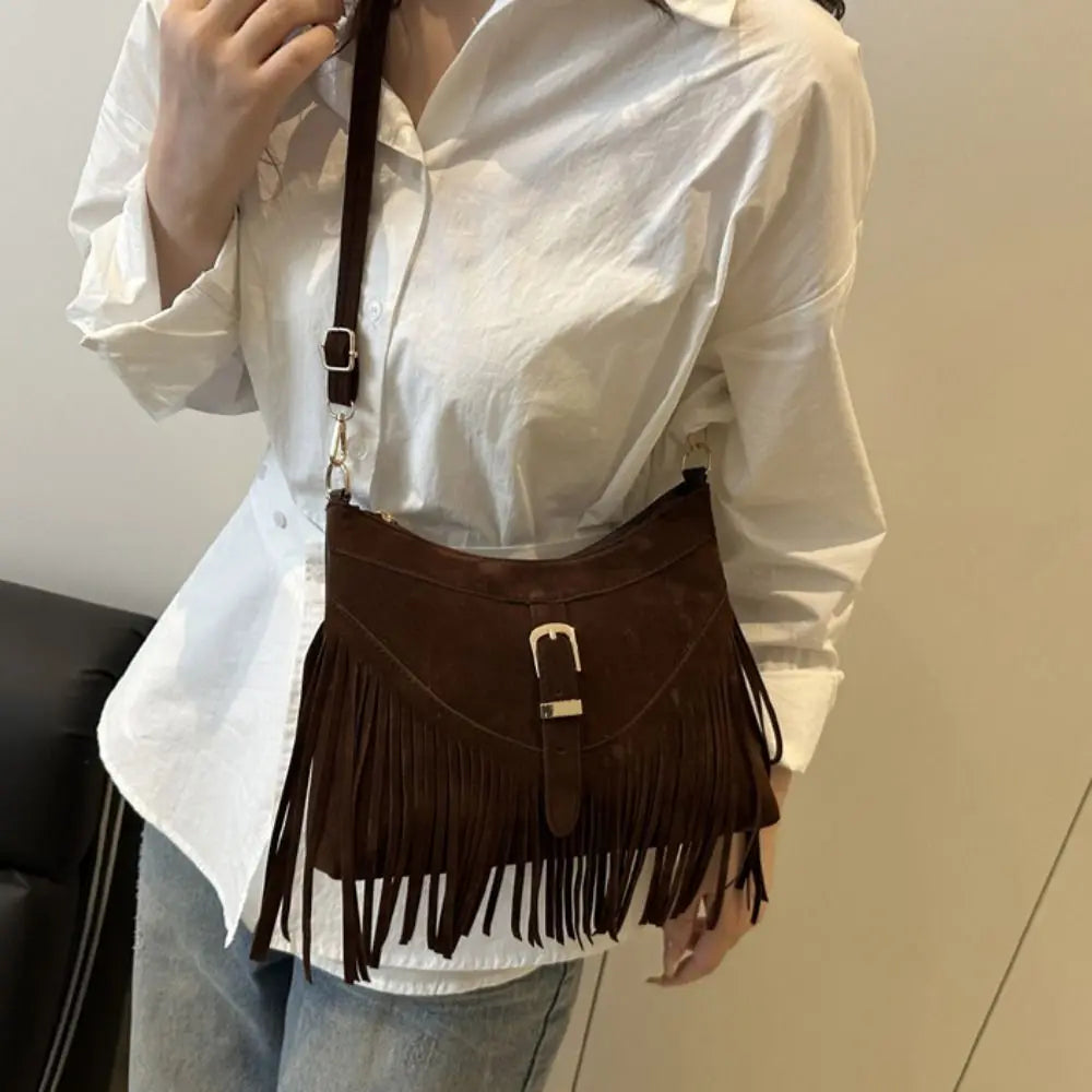 Casual Korean Tassel Shoulder Bag | Solid Color Suede & PU Leather Underarm Pack | Ethnic Bohemian Style Travel Handbag (Women) Luxegan