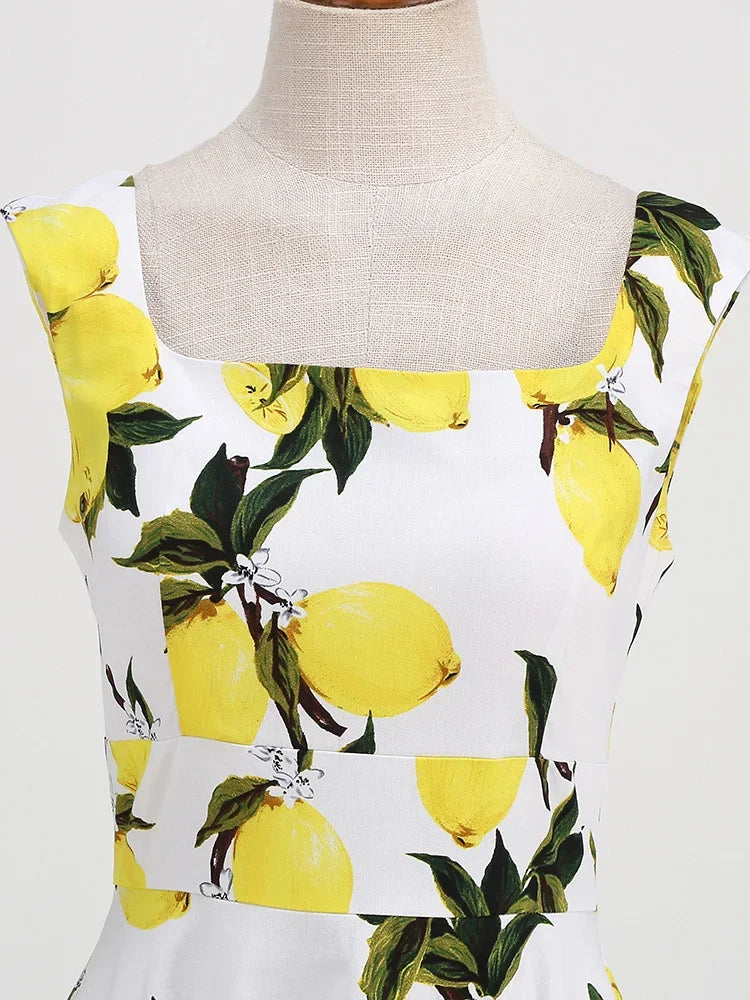 Print Vintage Square Neck Sleeveless Regular Fit A-Line Knee-Length Dress – Non-Stretch Cotton-Elastane Blend, Empire Waist, Summer Luxegan