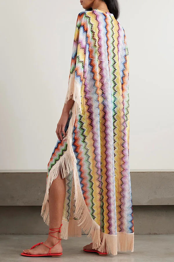 Wave Print V-Neck Short Sleeve Loose Fit A-Line Ankle-Length Dress – Natural Waist, Spring/Summer Luxegan