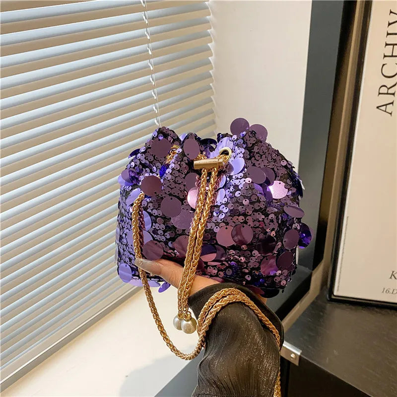 Sequin Chain Women's Portable Bucket Shoulder Bags | Retro Ladies Dinner Party Clutch Purse Luxury Design Female Crossbody Bag Luxegan