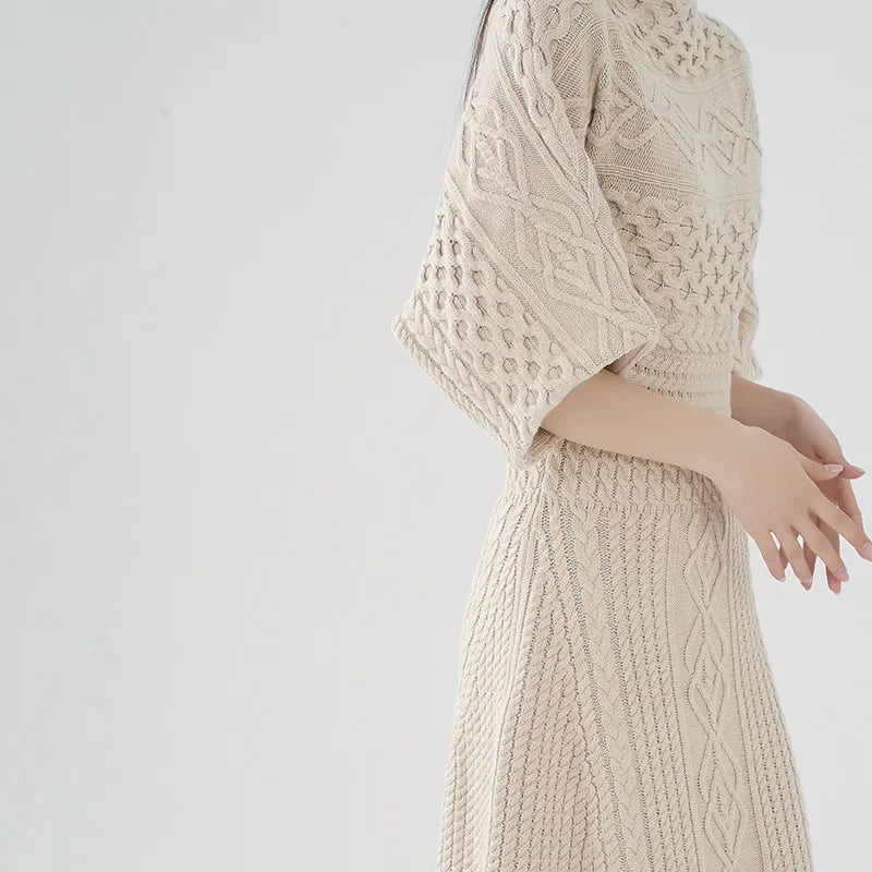 Women's O-Neck Knitted Long Dress | Sophisticated Hollow Out Pullover Gown | Elegant "Ankle-Length" Silhouette | "Dignified" Slight-Stretch Autumn Fashion for Radiant Versatile Fall & Winter Styling Luxegan