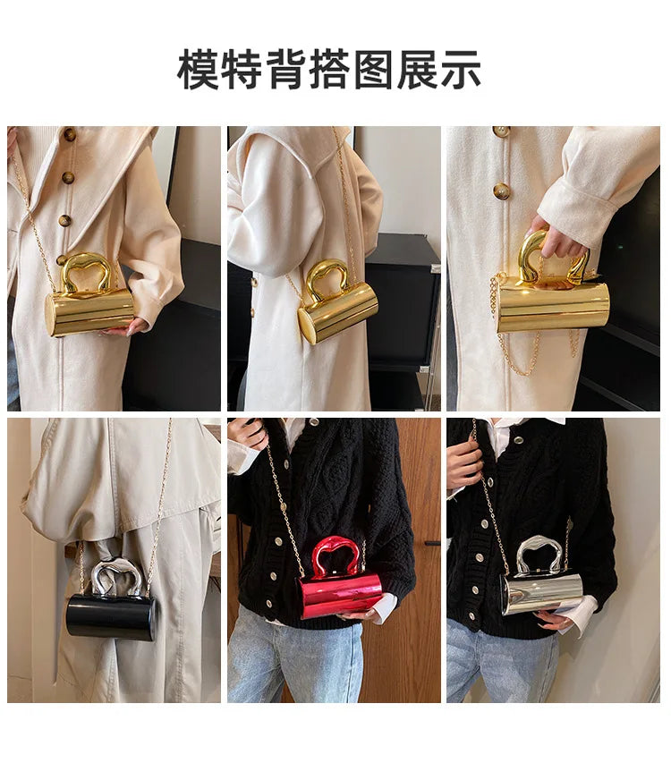 Fashion Cylinder Mini Evening Purse | Gold Box Clutch Shoulder Crossbody Bag for Women's Party Clutches Luxegan