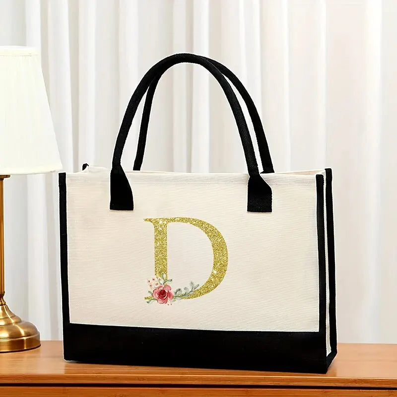 Canvas Gold Letter Fashion Tote Bag | Trendy Metallic Initial Handbag | Large Capacity Canvas Shopping Bag & Daily Satchel for Women Luxegan