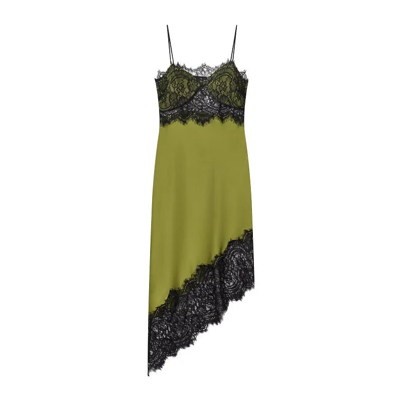 Spaghetti Strap Lace Asymmetric Satin Slip Maxi Dress | Sleeveless Luxury Evening Sexy Night Dress Luxegan