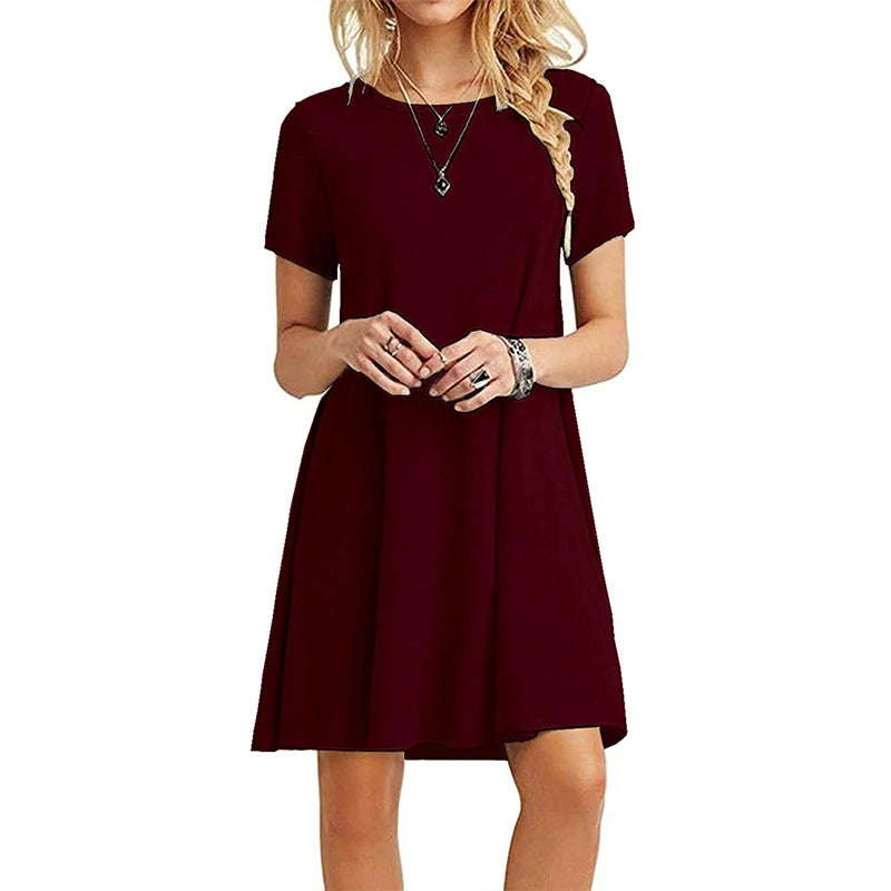 Casual Short Sleeve T-Shirt Dress | Vintage O-Neck Graphic Print Sundress | Elegant Simple Loose Fit A-Line Mini Dress | Premium Cotton Blend Summer Streetwear Model DR077 Luxegan